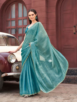 Tikhi Imli - Two Toned Green and Gold Colored Wrinkled Saree with Unstitched Blouse