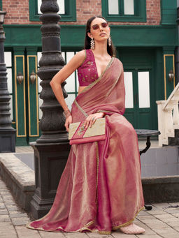 Tikhi Imli - Two Toned Pink and Gold Colored Wrinkled Saree with Unstitched Blouse