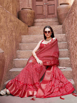Tikhi Imli - Ready To Wear Red Colored Cotton Blend Daily Wear Saree with Unstitched Blouse