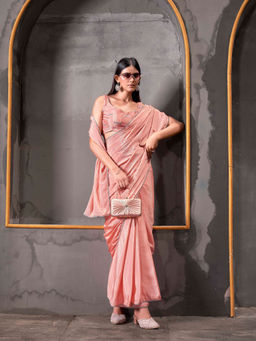 Tikhi Imli - Ready To Wear Peach Colored Chinon Saree with Unstitched Blouse