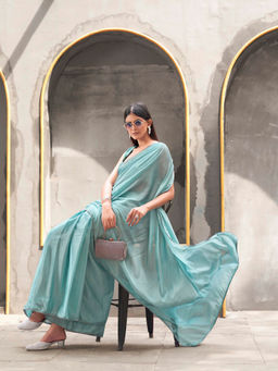 Tikhi Imli - Ready To Wear Blue Colored Chinon Saree with Unstitched Blouse