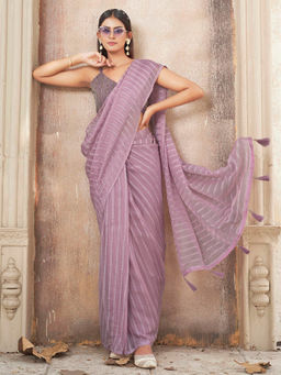 Tikhi Imli - Ready To Wear Pink Colored Striped Saree with Unstitched Blouse