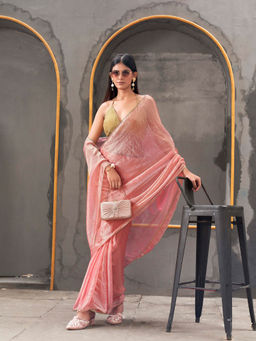 Tikhi Imli - Ready To Wear Two Tone Pink and Gold Colored Poly Chiffon Saree with Unstitched Blouse
