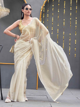 Tikhi Imli - Cream Colored Designer Crunchy Saree with Unstitched Blouse