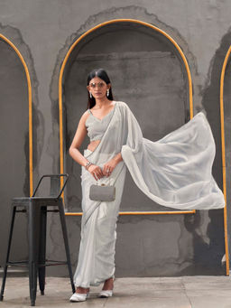 Tikhi Imli - Ready To Wear Grey Colored Chinon Saree with Unstitched Blouse