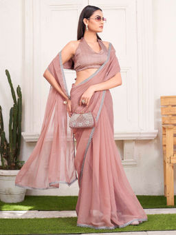 Tikhi Imli - Peach Colored Shimmer Chiffon Saree with Unstitched Blouse