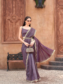 Tikhi Imli - Two Tone Purple Shimmer Net Saree with Sequinned Border and Belt with Unstitched Blouse