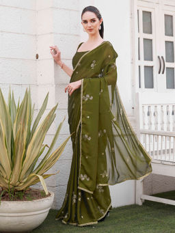 Tikhi Imli - Mehendi Green Colored Designer Saree with Unstitched Blouse