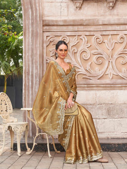 Tikhi Imli - Gold Colored Jimmy Chooo Sequinned Embroidered Saree with Unstitched Blouse