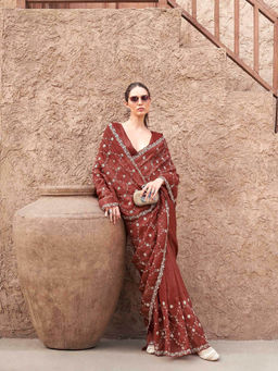 Tikhi Imli - Rust Colored Crunchy Saree with Unstitched Blouse