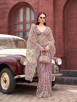 Tikhi Imli - Pink Colored Embroidered Net Saree with Unstitched Blouse