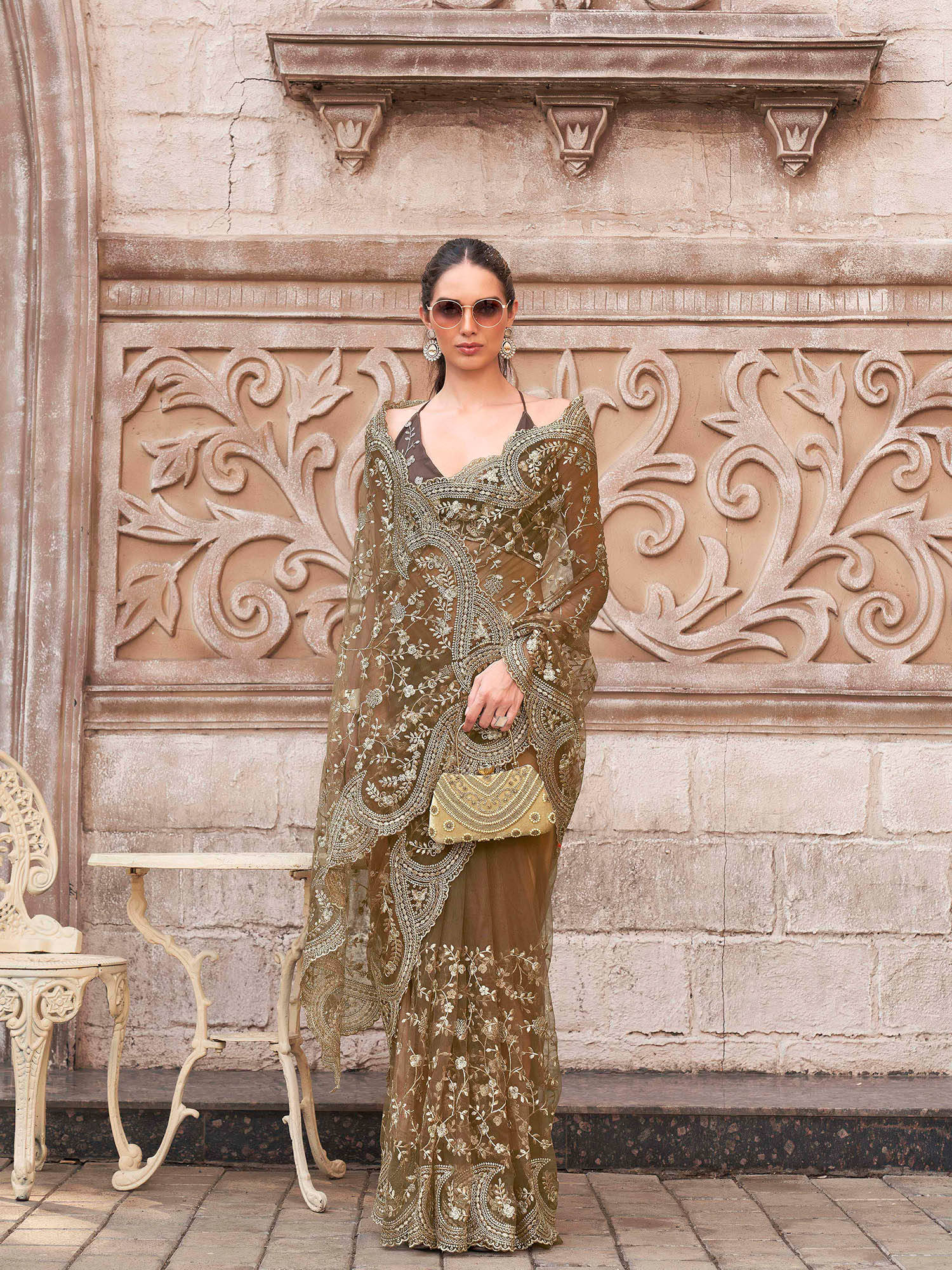 tikhi imli Brown Colored Embroidered Net Saree with Unstitched Blouse-picture-21