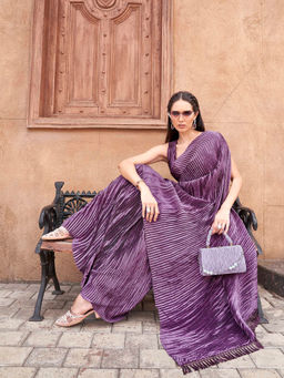 Tikhi Imli - Ready To Wear Purple Colored Pleated Saree with Unstitched Blouse