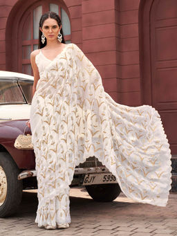 Tikhi Imli - Off White Colored Jimy Cho Embroidered Saree with Unstitched Blouse