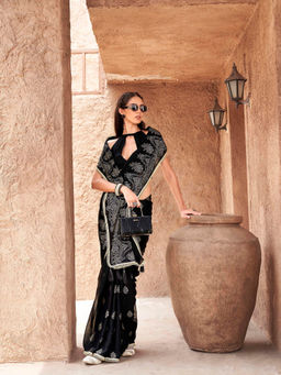 Tikhi Imli - Black Colored Foil Printed Satin Saree with Unstitched Blouse