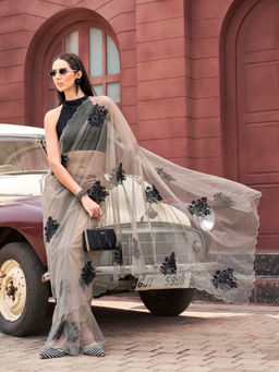 Tikhi Imli - Beige Colored Embroidered Net Saree with Unstitched Blouse