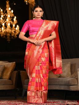 Beatitude - Pink and Orange Banarasi Woven Saree with Unstitched Blouse