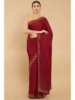 Soch - Women Maroon Georgette Embroidered Saree with Stitched Blouse