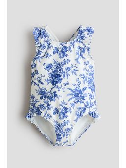 H&M - Girls White Frill-Trimmed Patterned Swimsuit