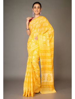 Unnati Silks - Yellow Pure Block Printed Superfine Mulmul Cotton Saree with Unstitched Blouse