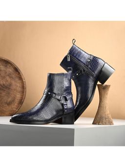 Mille Dollari - Men Navy Blue Textured Leather Casual Boots with Harness Detail