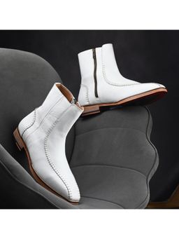 Mille Dollari - Men White Genuine Leather Casual Boots with Artisan Stitching