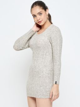 Creative Line - Beige Self Design Knitted Sweater Dress