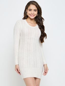 Creative Line - White Self Design Knitted Sweater Dress