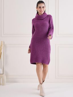 Creative Line - Purple Self Design Knitted Sweater Dress