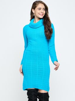 Creative Line - Turquoise Self Design Knitted Sweater Dress