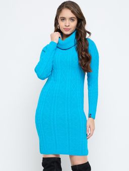 Creative Line - Turquoise Self Design Knitted Sweater Dress