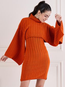 Creative Line - Orange Self Design Knitted Sweater Dress with Cape (Set of 2)