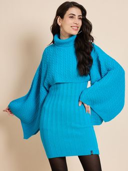 Creative Line - Turquoise Self Design Knitted Sweater Dress with Cape (Set of 2)