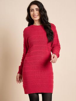 Creative Line - Red Self Design Knitted Sweater Dress