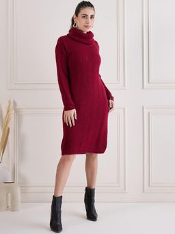 Creative Line - Maroon Self Design Knitted Sweater Dress