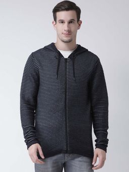 Club York - Men Navy Blue Striped Hooded Cardigan Sweater