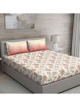GM - Peach Yellow And Green Floral 150 Tc Cotton Queen Bedsheet With 2 Pillow Covers