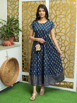 SVARCHI - Cotton Paisley Print Anarkali Kurta-Navy