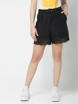 VERO MODA - Women Embroidered Black Shorts