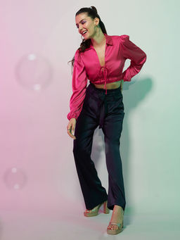 MIXT by Nykaa Fashion - Fuchsia Collar Neck Solid Cropped Shirt