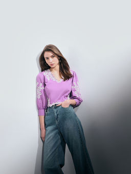 VERO MODA - Women Purple Cotton V-Neck Top