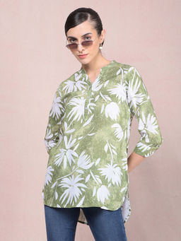 CRIMSOUNE CLUB - Women Green Viscose Blend Mandarin Neck Top