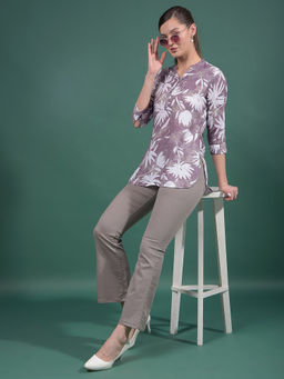 CRIMSOUNE CLUB - Women Purple Viscose Blend Mandarin Neck Top