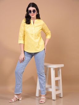 CRIMSOUNE CLUB - Women Yellow Cotton Mandarin Neck Top