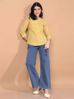 CRIMSOUNE CLUB - Women Mustard Cotton Mandarin Neck Top