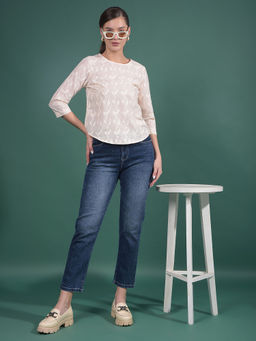 CRIMSOUNE CLUB - Women Peach Cotton Round Neck Top