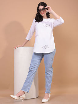 CRIMSOUNE CLUB - Women White Viscose Blend Round Neck Top
