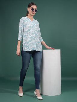 CRIMSOUNE CLUB - Women Green Viscose Mandarin Neck Top