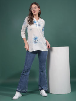 CRIMSOUNE CLUB - Women Blue Viscose Blend Mandarin Neck Top