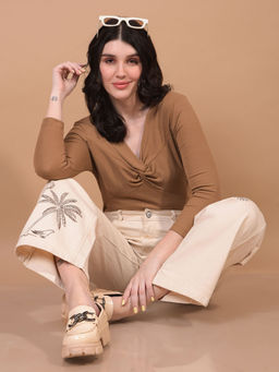 CRIMSOUNE CLUB - Women Khaki Polyester Blend V-Neck Top